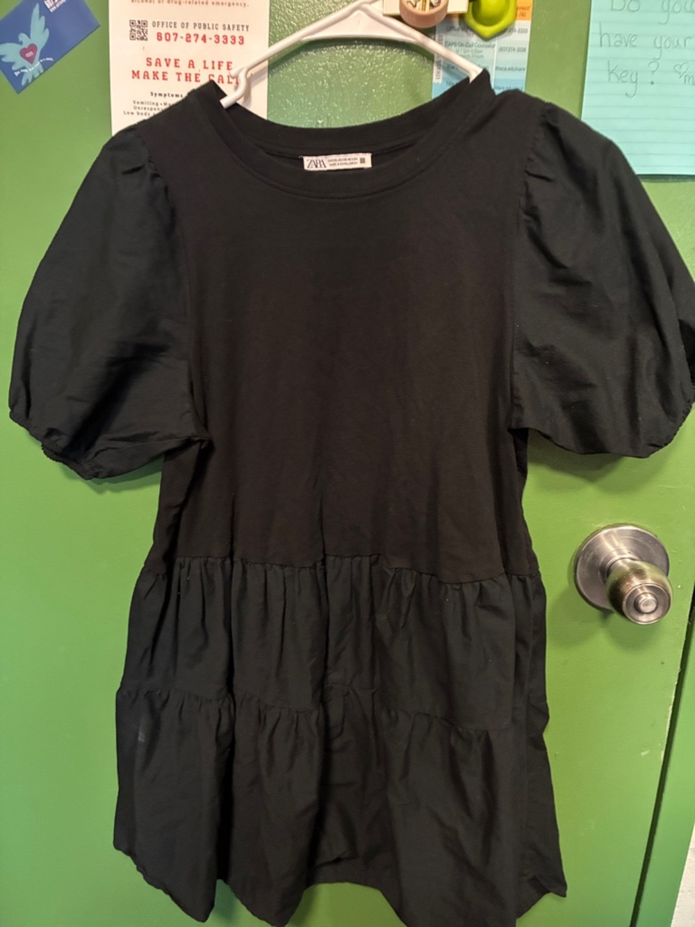 Zara Black Puff Sleeve Tiered Mini Dress